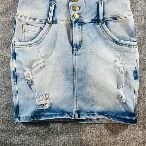 go up Dresses & Skirts - Go Up Women's Distressed Denim Mini Skirt Light Blue Size 8 Button Pockets